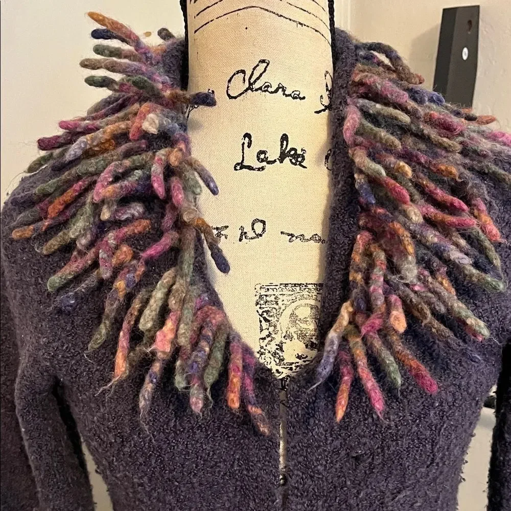 Free People Y2K Purple Wool Blend Multicolor Yarn Fringe Cardigan Sweater Boho